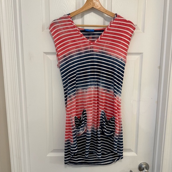 Blue Curl Other - EUC Blue Curl Patriotic Red White and Blue Striped Hooded Beach Tunic Coverup